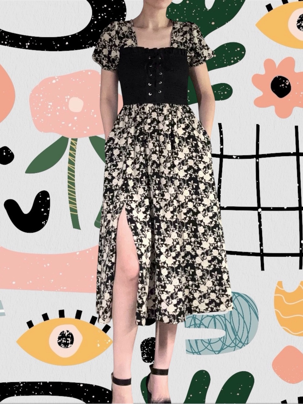 Heart & Heels | Floral Print Puff Sleeve Smocked Corset Look Midi Dress w/ Slit